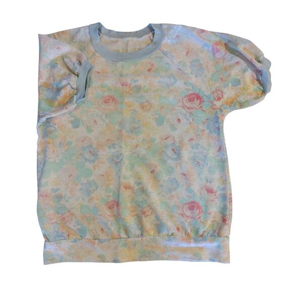 VTG 80s White Blue Floral Short Sleeve Pullover Sweatshirt *Fits like Medium - Picture 3 of 9